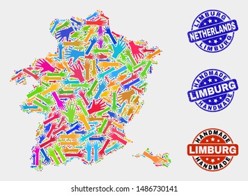Vector handmade collage of Limburg Province map and rubber stamp seals. Mosaic Limburg Province map is constructed with randomized bright colored hands.