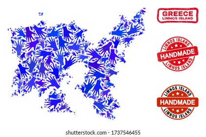 Vector handmade collage of Limnos Island map and rubber stamp seals. Mosaic Limnos Island map is done of randomized blue hands. Rounded and crooked red stamp imprints with unclean rubber texture.