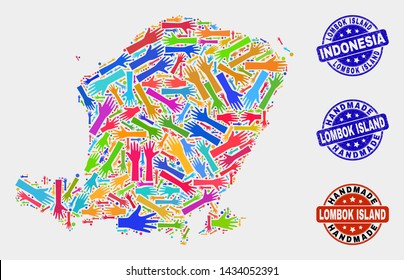 Vector handmade collage of Lombok Island map and rubber stamps. Mosaic Lombok Island map is done of random bright colorful hands. Rounded watermarks with unclean rubber texture.