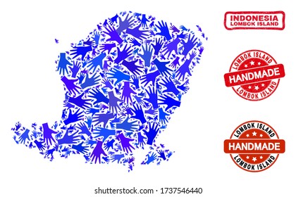 Collage hecho a mano por vectores del mapa de la isla de Lombok y marcas de agua de caucho. El mapa de la isla Mosaic de Lombok está formado por manos azules al azar. Juntas rojas redondeadas y torcidas con textura de goma gruesa.