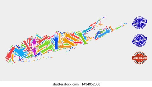 Vector handmade collage of Long Island map and unclean stamp seals. Mosaic Long Island map is designed of scattered bright colorful hands. Rounded seals with distress rubber texture.
