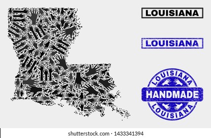 Vector handmade collage of Louisiana State map and unclean watermarks. Mosaic Louisiana State map is created of scattered hands. Blue watermarks with corroded rubber texture.