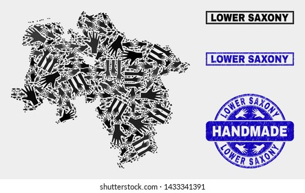 Vector handmade collage of Lower Saxony Land map and scratched seals. Mosaic Lower Saxony Land map is composed with randomized hands. Blue seals with scratched rubber texture.