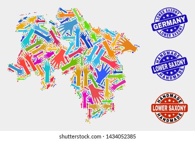 Vector handmade collage of Lower Saxony Land map and rubber watermarks. Mosaic Lower Saxony Land map is created with random bright colorful hands. Rounded watermarks with grunge rubber texture.