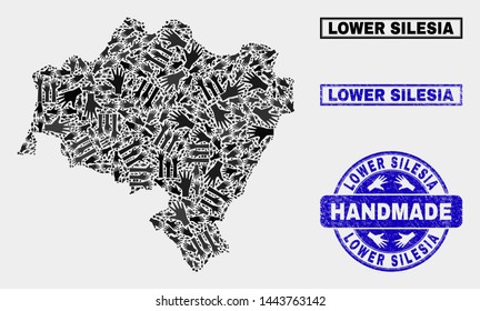 Vector handmade collage of Lower Silesia Province map and rubber watermarks. Mosaic Lower Silesia Province map is made with scattered hands. Blue watermarks with scratched rubber texture.