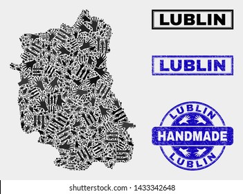 Vector handmade collage of Lublin Voivodeship map and dirty watermarks. Mosaic Lublin Voivodeship map is made with randomized hands. Blue watermarks with unclean rubber texture.