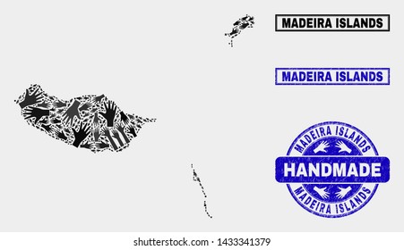 Vector handmade collage of Madeira Islands map and dirty seals. Mosaic Madeira Islands map is formed with randomized hands. Blue seals with grunge rubber texture.