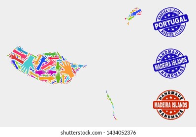 Vector handmade collage of Madeira Islands map and rubber seals. Mosaic Madeira Islands map is made with randomized bright colored hands. Rounded seals with unclean rubber texture.