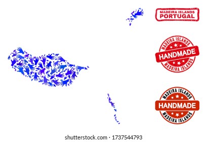 Vector handmade collage of Madeira Islands map and dirty stamp seals. Mosaic Madeira Islands map is composed with randomized blue hands. Rounded and wry red seals with unclean rubber texture.