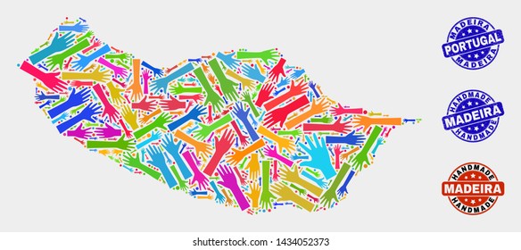 Vector handmade collage of Madeira map and dirty watermarks. Mosaic Madeira map is made with scattered bright colorful hands. Rounded watermarks with corroded rubber texture.