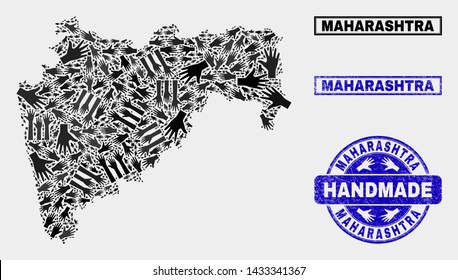 Vector handmade collage of Maharashtra State map and unclean watermarks. Mosaic Maharashtra State map is created from scattered hands. Blue stamp imprints with unclean rubber texture.