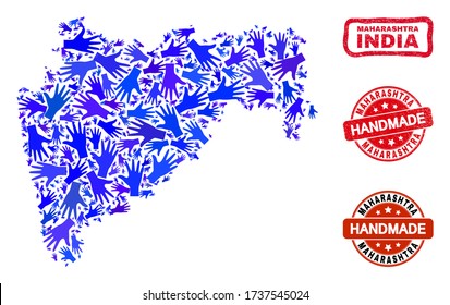 Collage vectorial hecho a mano del mapa del estado de Maharashtra y marcas de agua gruesas. El mapa del estado de Maharashtra Mosaic está organizado a partir de manos azules dispersas. Marcas de agua rojas redondeadas y secas con textura de goma gruesa.