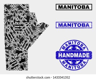 Vector handmade collage of Manitoba Province map and scratched stamps. Mosaic Manitoba Province map is done of random hands. Blue watermarks with distress rubber texture.