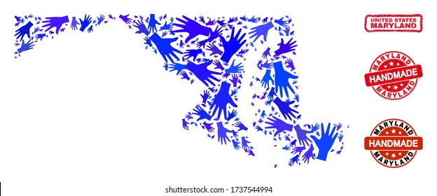 Vector handgefertigte Collage von Maryland State Map und unsauberen Wasserzeichen. Mosaik Maryland State Karte ist mit zufällig blauen Händen zusammengesetzt. Gerundete und raue rote Wasserzeichen mit unsauberer Gummistruktur.