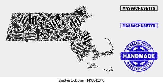 Vector handmade collage of Massachusetts State map and unclean seals. Mosaic Massachusetts State map is made with randomized hands. Blue stamp imprints with unclean rubber texture.