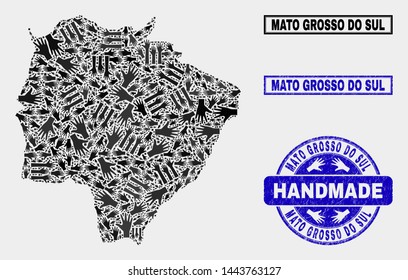 Vector handmade collage of Mato Grosso do Sul State map and textured stamp seals. Mosaic Mato Grosso do Sul State map is constructed of random hands. Blue seals with distress rubber texture.