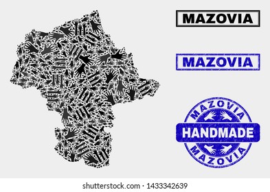 Vector handmade collage of Mazovia Province map and corroded stamp seals. Mosaic Mazovia Province map is formed with randomized hands. Blue stamp imprints with corroded rubber texture.