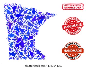 Vector handgefertigte Collage von Minnesota State Map und Gummistempelverschlüsse. Mosaik Minnesota State Map ist mit verstreuten blauen Händen gemacht. Rote Dichtungen gerundet mit kratzter Gummistruktur.