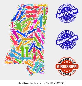 Vector handmade collage of Mississippi State map and corroded stamps. Mosaic Mississippi State map is designed with random bright colored hands. Rounded seals with corroded rubber texture.