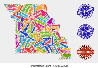 Vector handmade collage of Missouri State map and rubber watermarks. Mosaic Missouri State map is done of scattered bright colorful hands. Rounded seals with corroded rubber texture.