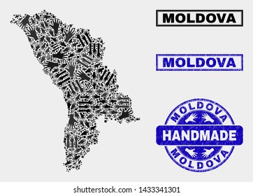 Vector handmade collage of Moldova map and textured seals. Mosaic Moldova map is made with scattered hands. Blue seals with corroded rubber texture. Abstract design for hand made marketing posters.
