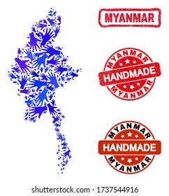 Vector handmade collage of Myanmar map and grunge stamp seals. Mosaic Myanmar map is created with scattered blue hands. Rounded and awry red stamp imprints with grunge rubber texture.