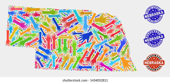 Vector handmade collage of Nebraska State map and grunge watermarks. Mosaic Nebraska State map is composed of random bright colorful hands. Rounded watermarks with scratched rubber texture.