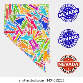 Vector handmade collage of Nevada State map and scratched seals. Mosaic Nevada State map is formed of scattered bright colorful hands. Rounded seals with corroded rubber texture.