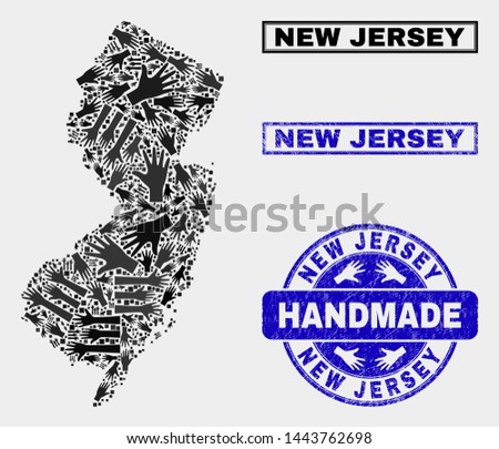 Vector handmade collage of New Jersey State map and rubber stamp seals. Mosaic New Jersey State map is constructed of random hands. Blue stamp imprints with scratched rubber texture.