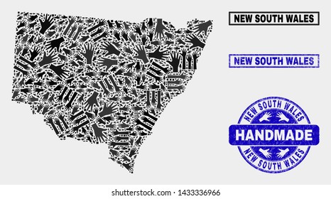 Vector handmade collage of New South Wales map and textured stamp seals. Mosaic New South Wales map is formed with scattered hands. Blue stamp imprints with distress rubber texture.
