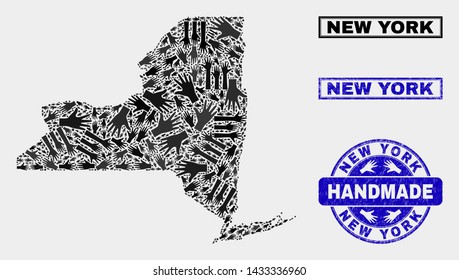 Vector handmade collage of New York State map and rubber stamp seals. Mosaic New York State map is created of scattered hands. Blue watermarks with unclean rubber texture.