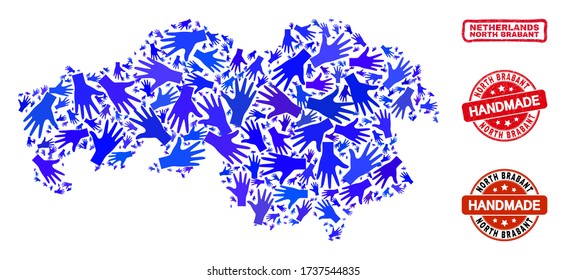 Vector handmade collage of North Brabant Province map and unclean watermarks. Mosaic North Brabant Province map is done of scattered blue hands.