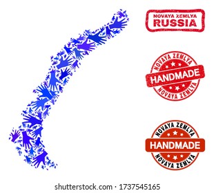 Vector handmade collage of Novaya Zemlya Islands map and rubber watermarks. Mosaic Novaya Zemlya Islands map is made with random blue hands.