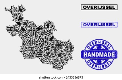 Vector handmade collage of Overijssel Province map and textured stamp seals. Mosaic Overijssel Province map is made of randomized hands. Blue stamp imprints with scratched rubber texture.
