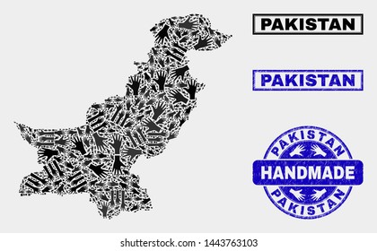 Vector handmade collage of Pakistan map and grunge stamp seals. Mosaic Pakistan map is created with randomized hands. Blue seals with distress rubber texture.