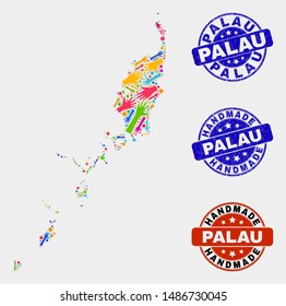 Vector handmade collage of Palau map and unclean watermarks. Mosaic Palau map is formed with scattered bright colorful hands. Rounded watermarks with distress rubber texture.