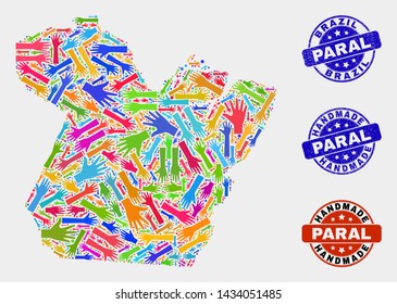 Vector handmade collage of Paral State map and textured seals. Mosaic Paral State map is composed of scattered bright colorful hands. Rounded seals with distress rubber texture.