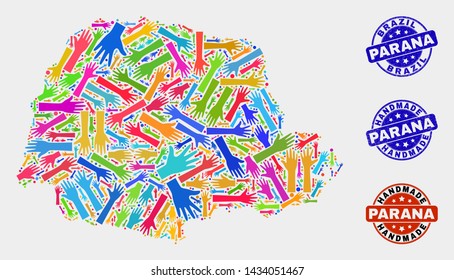Vector handmade collage of Parana State map and rubber stamps. Mosaic Parana State map is created with randomized bright colorful hands. Rounded watermarks with grunge rubber texture.