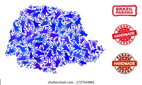 Vector handmade collage of Parana State map and textured stamp seals. Mosaic Parana State map is made of random blue hands. Rounded and awry red seals with unclean rubber texture.