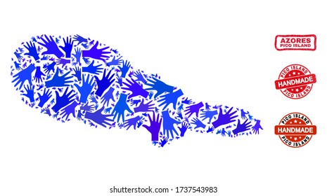 Collage hecho a mano por vectores del mapa de la isla de Pico y sellos impuros. El mapa de la isla Mosaic de Pico está construido con manos azules al azar. Juntas rojas redondeadas y secas con textura de caucho impura.