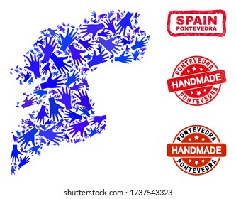 Collage vectorial hecho a mano del mapa de la provincia de Pontevedra y marcas de agua raspadas. El mapa de la provincia de Pontevedra Mosaico está formado por manos azules dispersas.