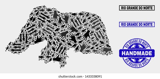 Vector handmade collage of Rio Grande do Norte State map and grunge stamp seals. Mosaic Rio Grande do Norte State map is made with random hands. Blue seals with corroded rubber texture.
