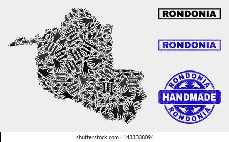 Vector handmade collage of Rondonia State map and dirty stamp seals. Mosaic Rondonia State map is organized with randomized hands. Blue seals with unclean rubber texture.