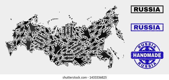 Vector handmade collage of Russia map and rubber seals. Mosaic Russia map is constructed with scattered hands. Blue stamp imprints with grunge rubber texture.