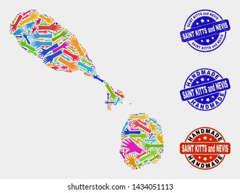 Vector handmade collage of Saint Kitts and Nevis map and unclean watermarks. Mosaic Saint Kitts and Nevis map is made of randomized bright colored hands.