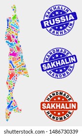 Vector handmade collage of Sakhalin Island map and textured stamp seals. Mosaic Sakhalin Island map is created of random bright colorful hands. Rounded seals with scratched rubber texture.