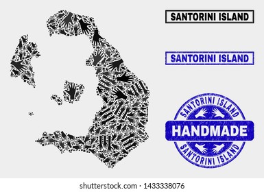 Vector handmade collage of Santorini Island map and scratched seals. Mosaic Santorini Island map is composed with scattered hands. Blue seals with unclean rubber texture.