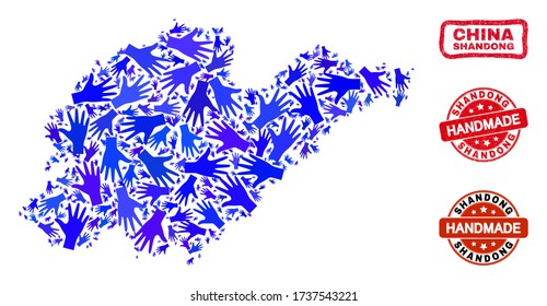 Vector handmade collage of Shandong Province map and rubber seals. Mosaic Shandong Province map is organized of random blue hands. Rounded and crooked red watermarks with distress rubber texture.