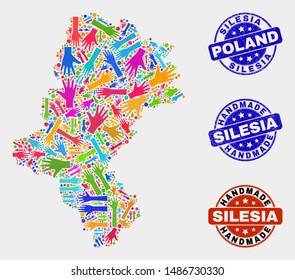 Vector handmade collage of Silesian Voivodeship map and rubber seals. Mosaic Silesian Voivodeship map is created of scattered bright colored hands. Rounded seals with unclean rubber texture.