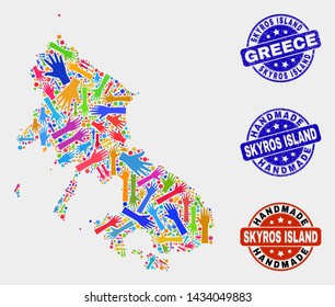 Vector handmade collage of Skyros Island map and dirty watermarks. Mosaic Skyros Island map is formed of randomized bright colorful hands. Rounded watermarks with corroded rubber texture.